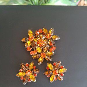 Vintage Judy Lee Orange and Topaz Rhinestone Brooch & Earring Set